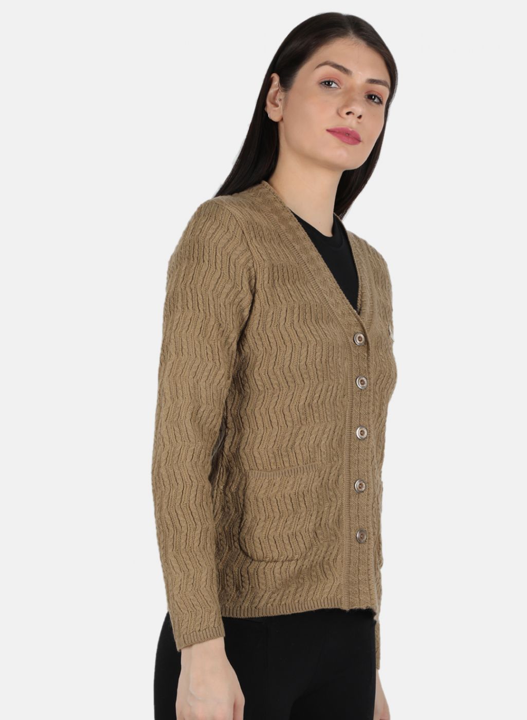 Women Brown Self Design Cardigan