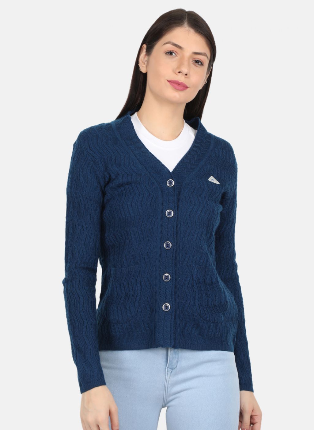 Women Blue Self Design Cardigan