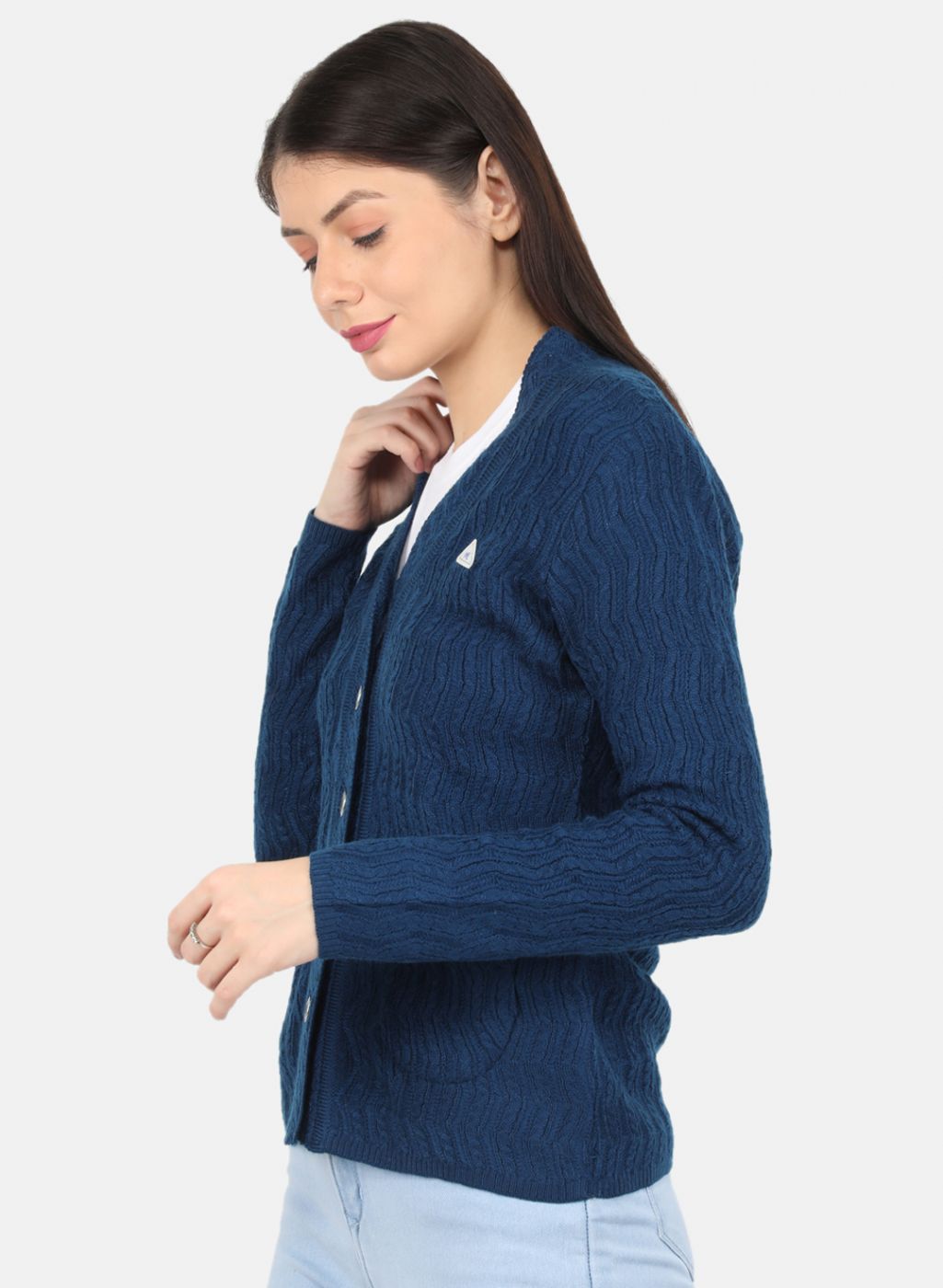 Women Blue Self Design Cardigan