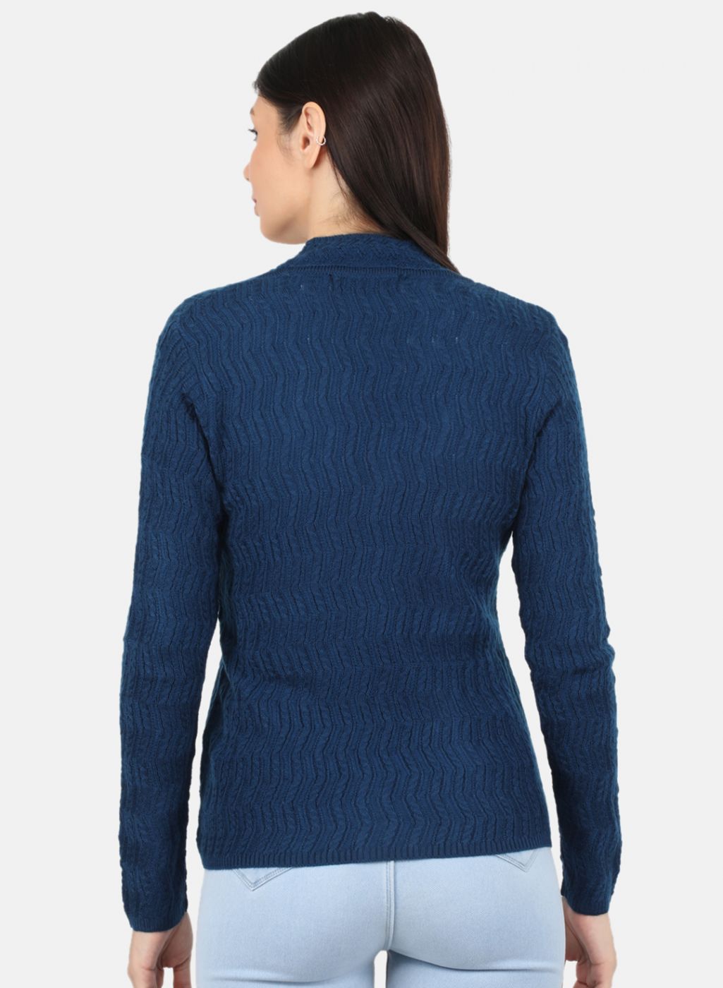 Women Blue Self Design Cardigan