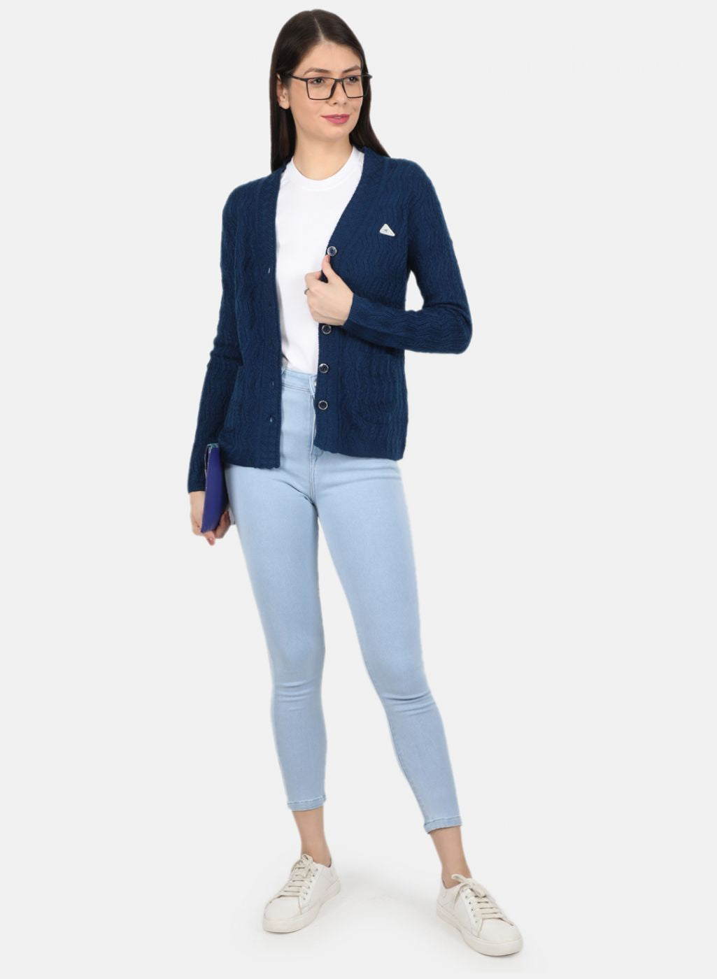 Women Blue Self Design Cardigan