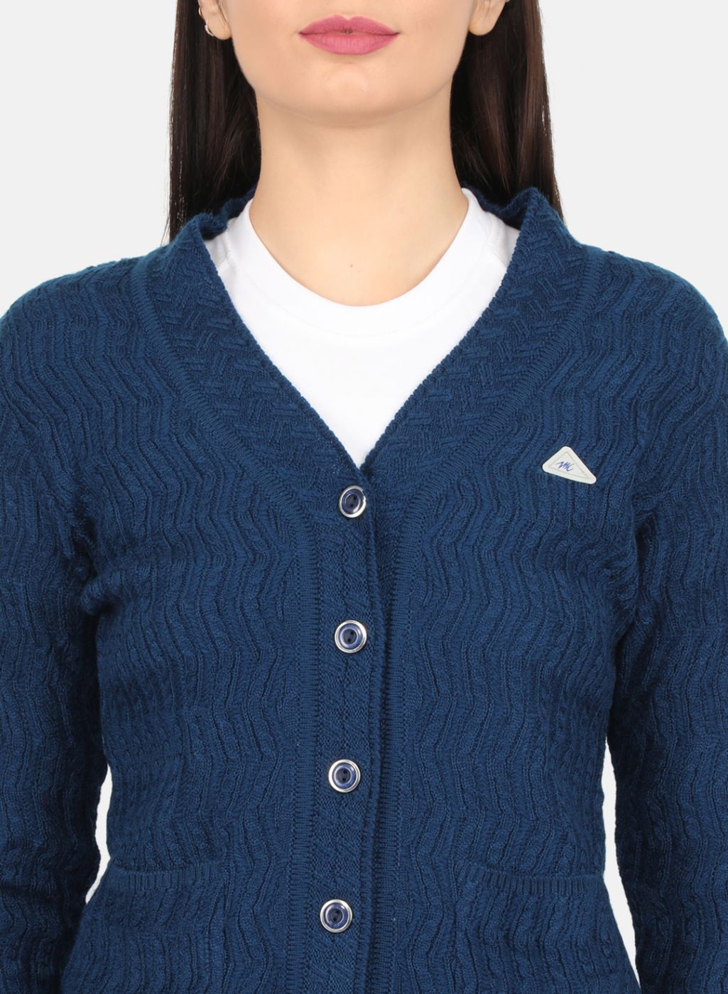 Women Blue Self Design Cardigan