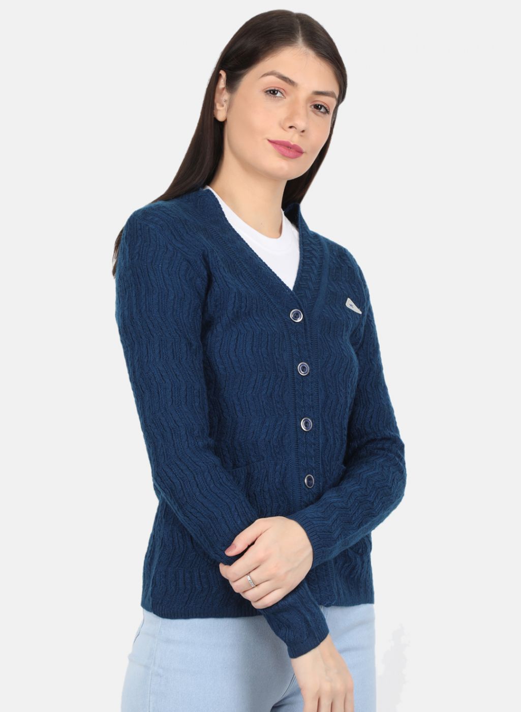 Women Blue Self Design Cardigan