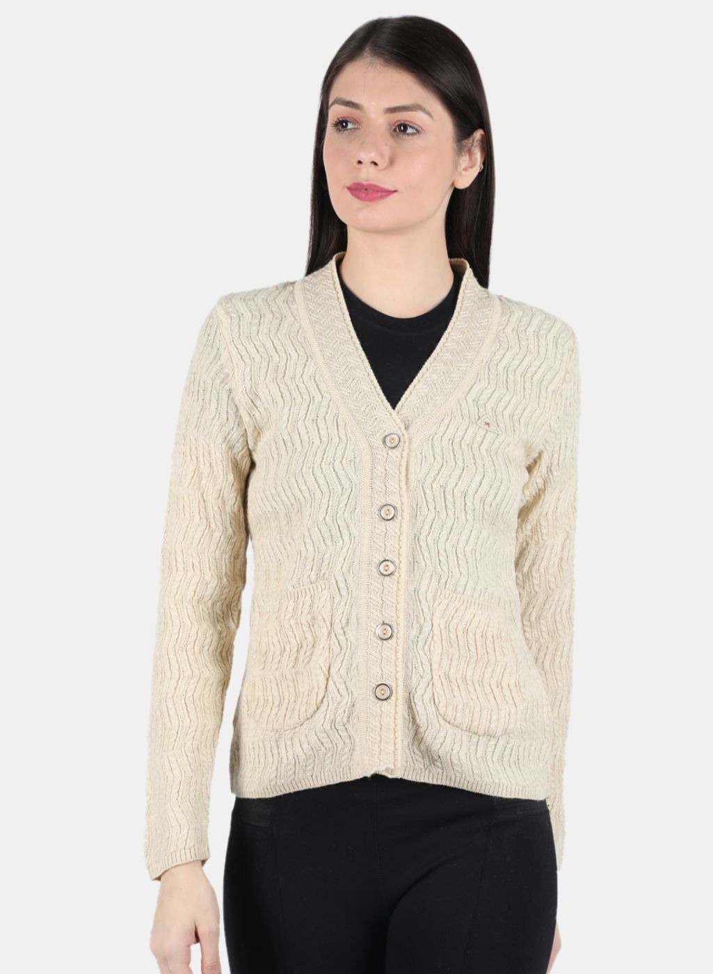 Women Cream Self Design Cardigan