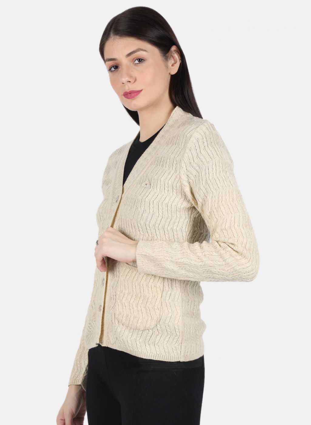 Women Cream Self Design Cardigan