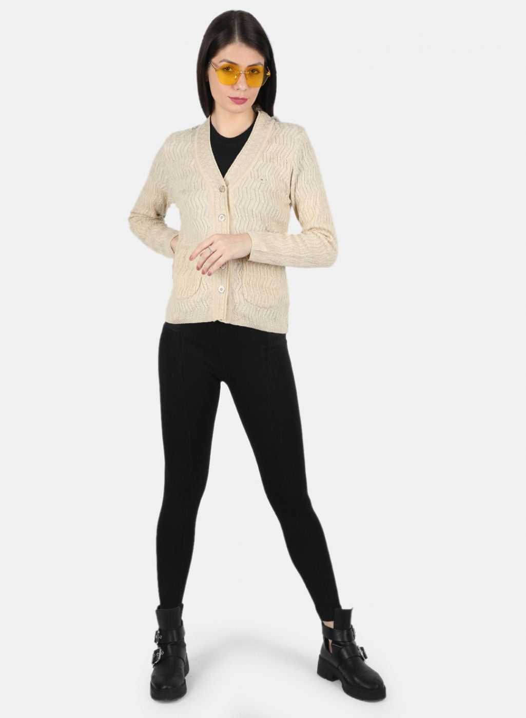 Women Cream Self Design Cardigan