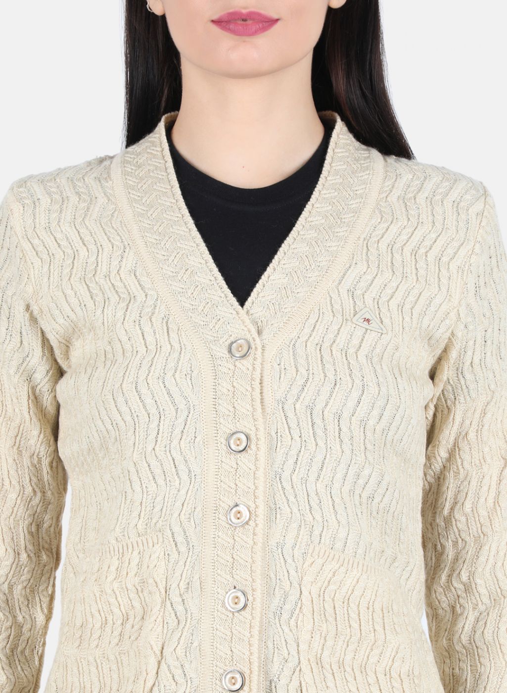 Women Cream Self Design Cardigan