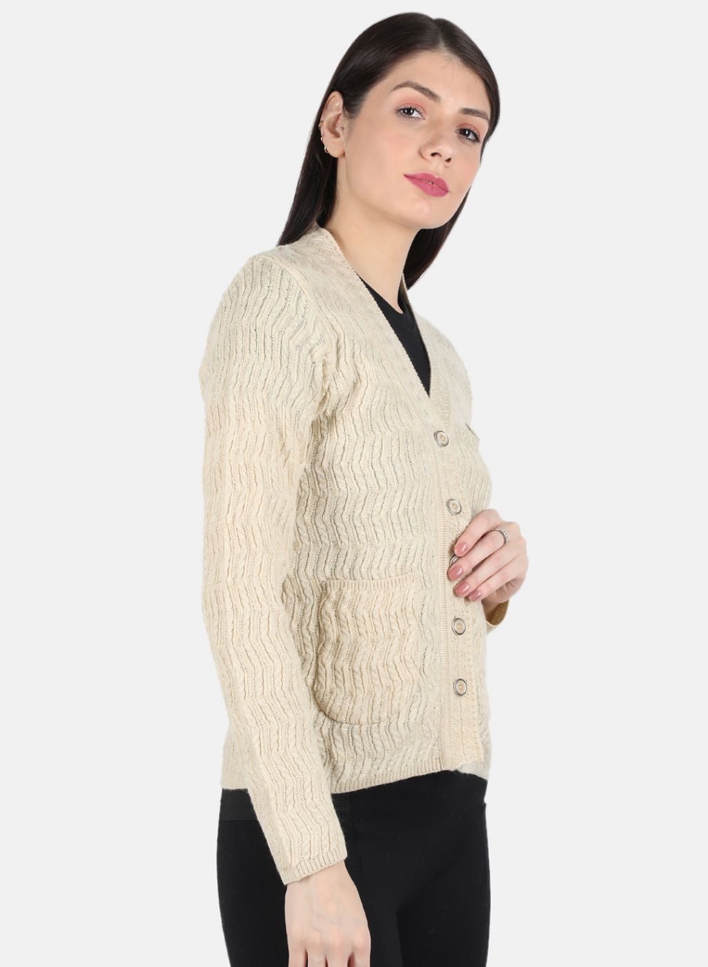 Women Cream Self Design Cardigan