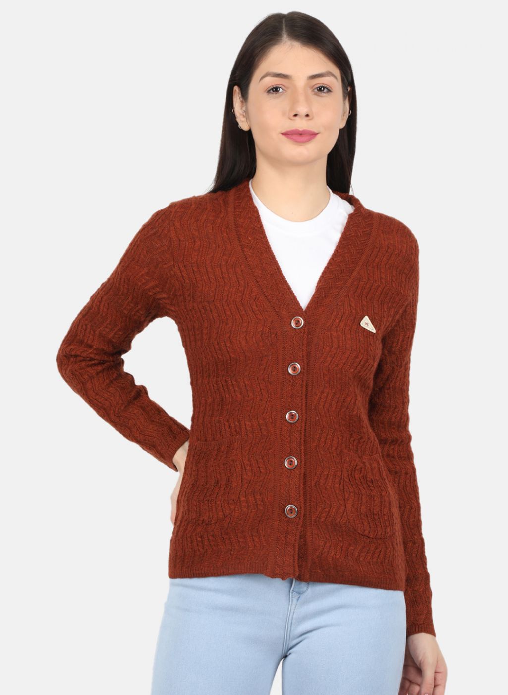 Women Brown Self Design Cardigan