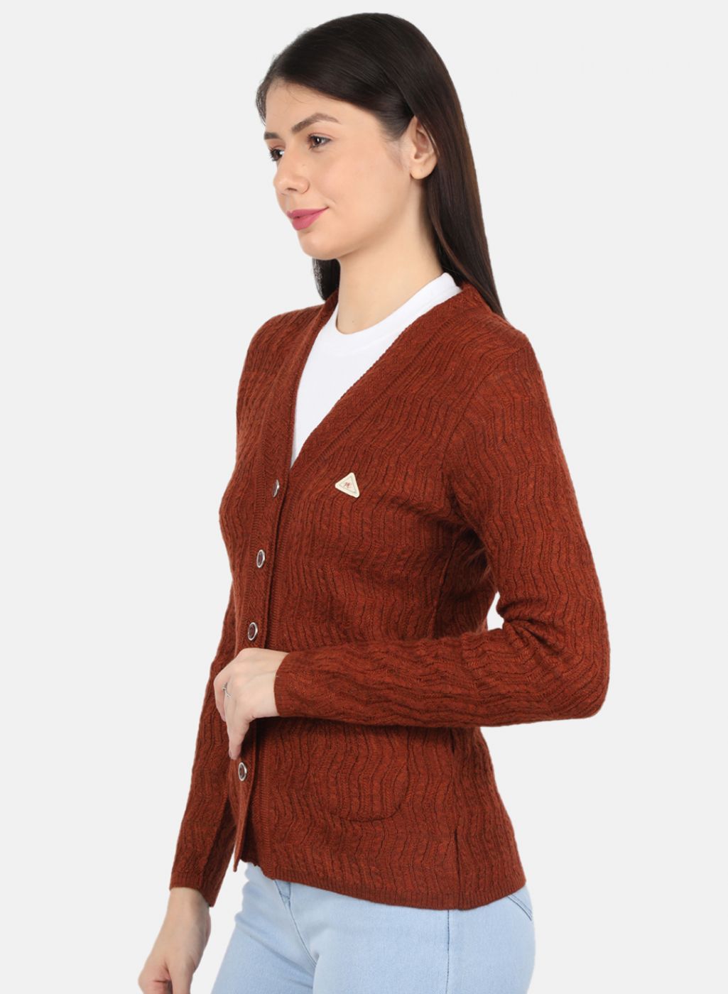 Women Brown Self Design Cardigan