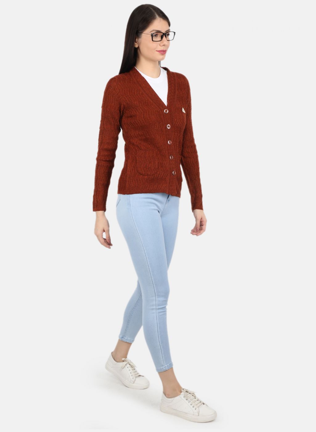 Women Brown Self Design Cardigan