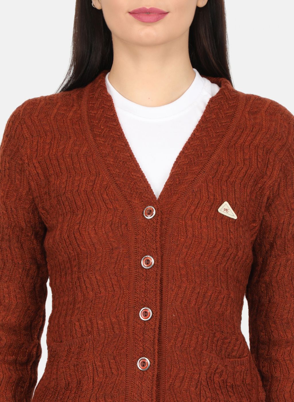 Women Brown Self Design Cardigan