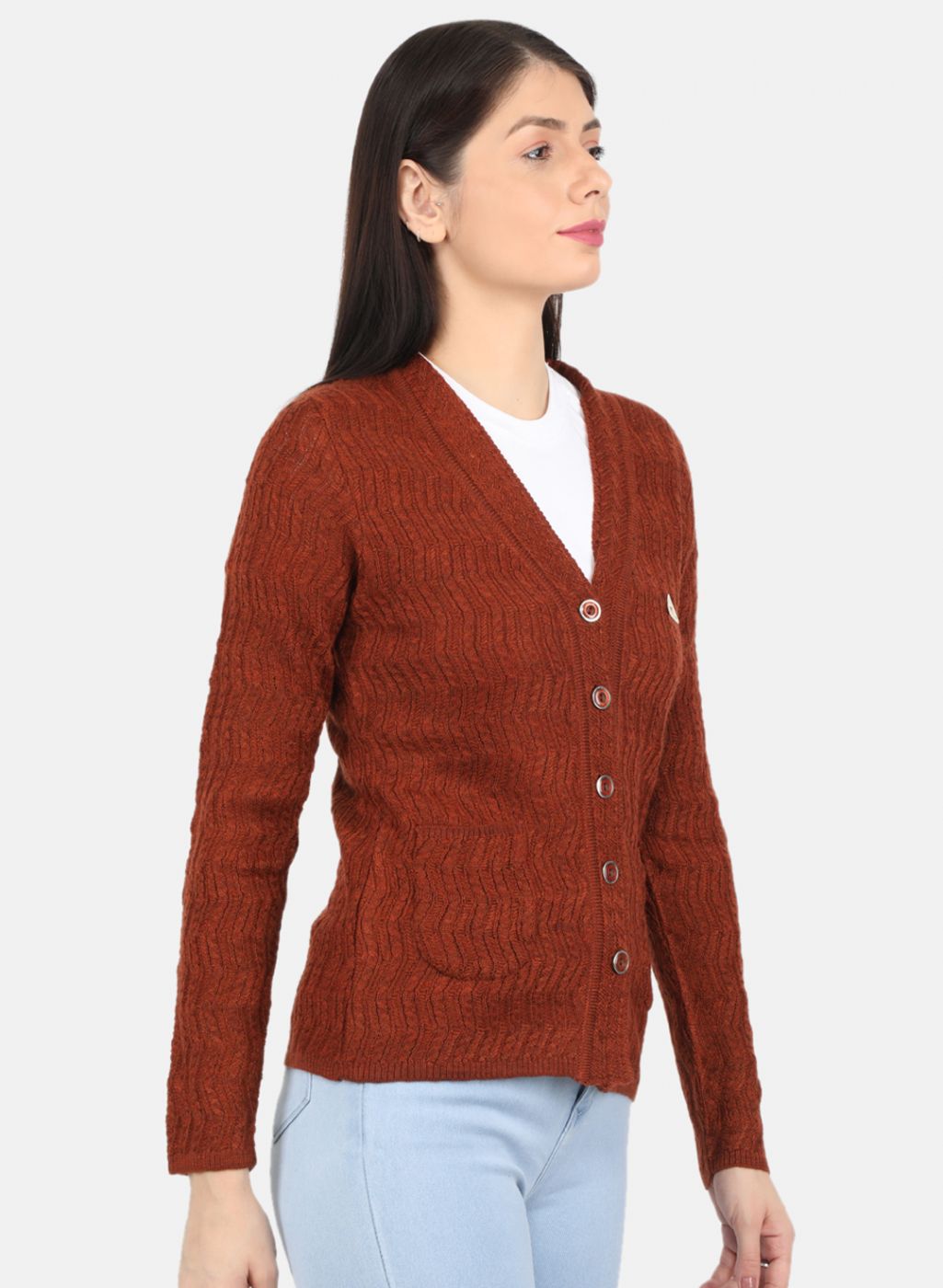 Women Brown Self Design Cardigan