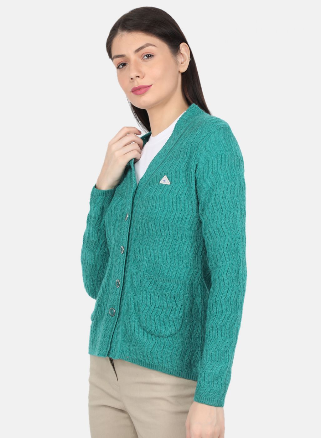 Women Green Self Design Cardigan