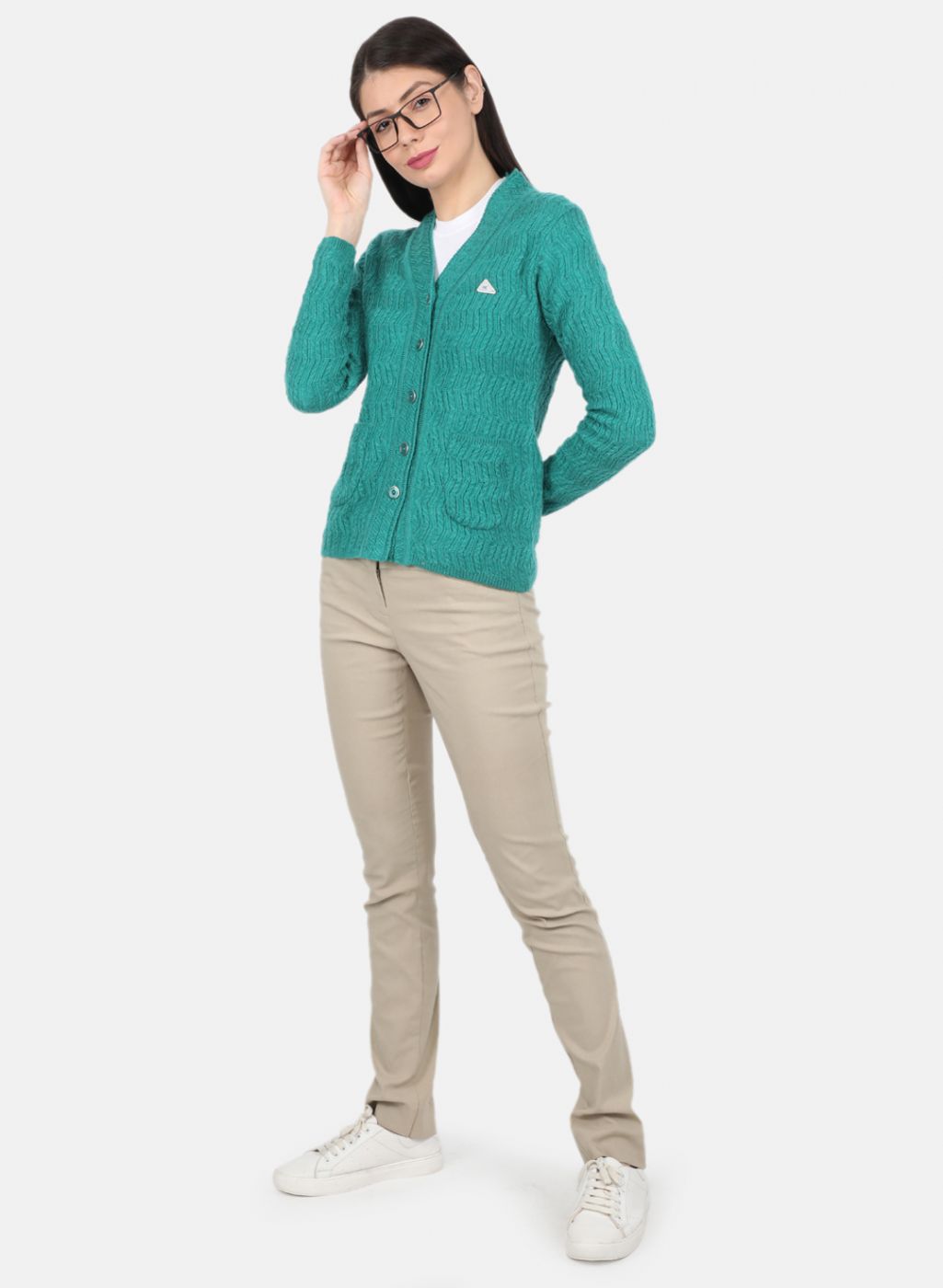 Women Green Self Design Cardigan