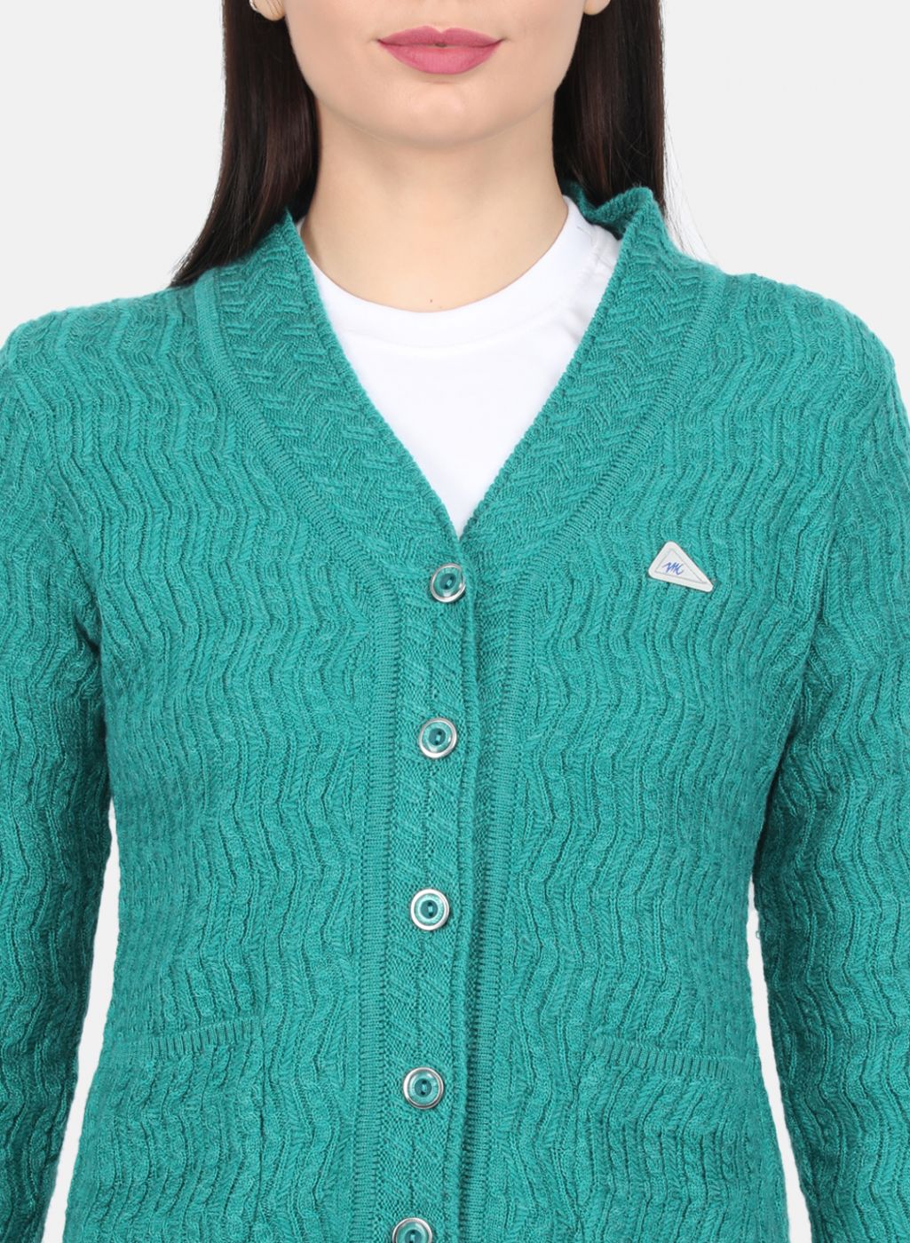 Women Green Self Design Cardigan