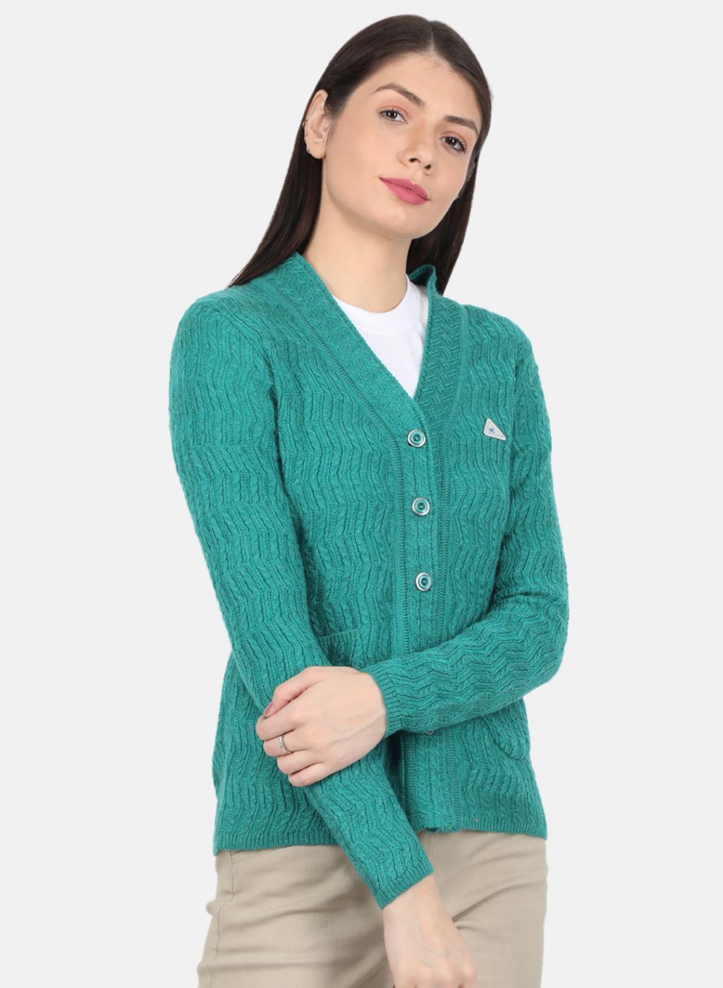 Women Green Self Design Cardigan