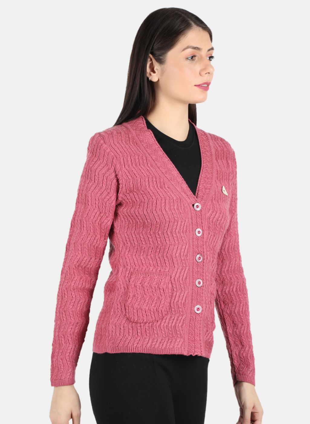 Women Pink Self Design Cardigan