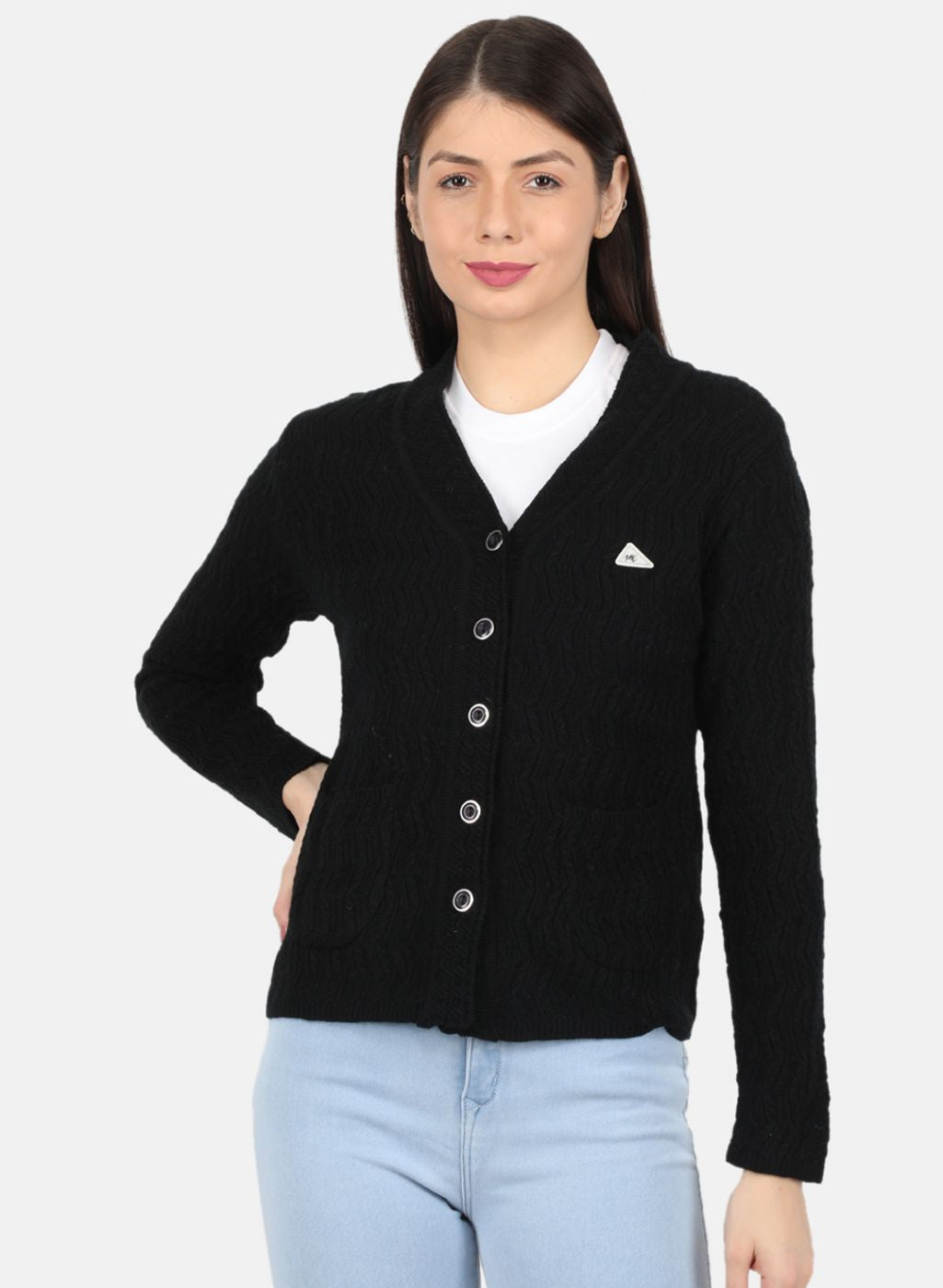 Women Black Self Design Cardigan