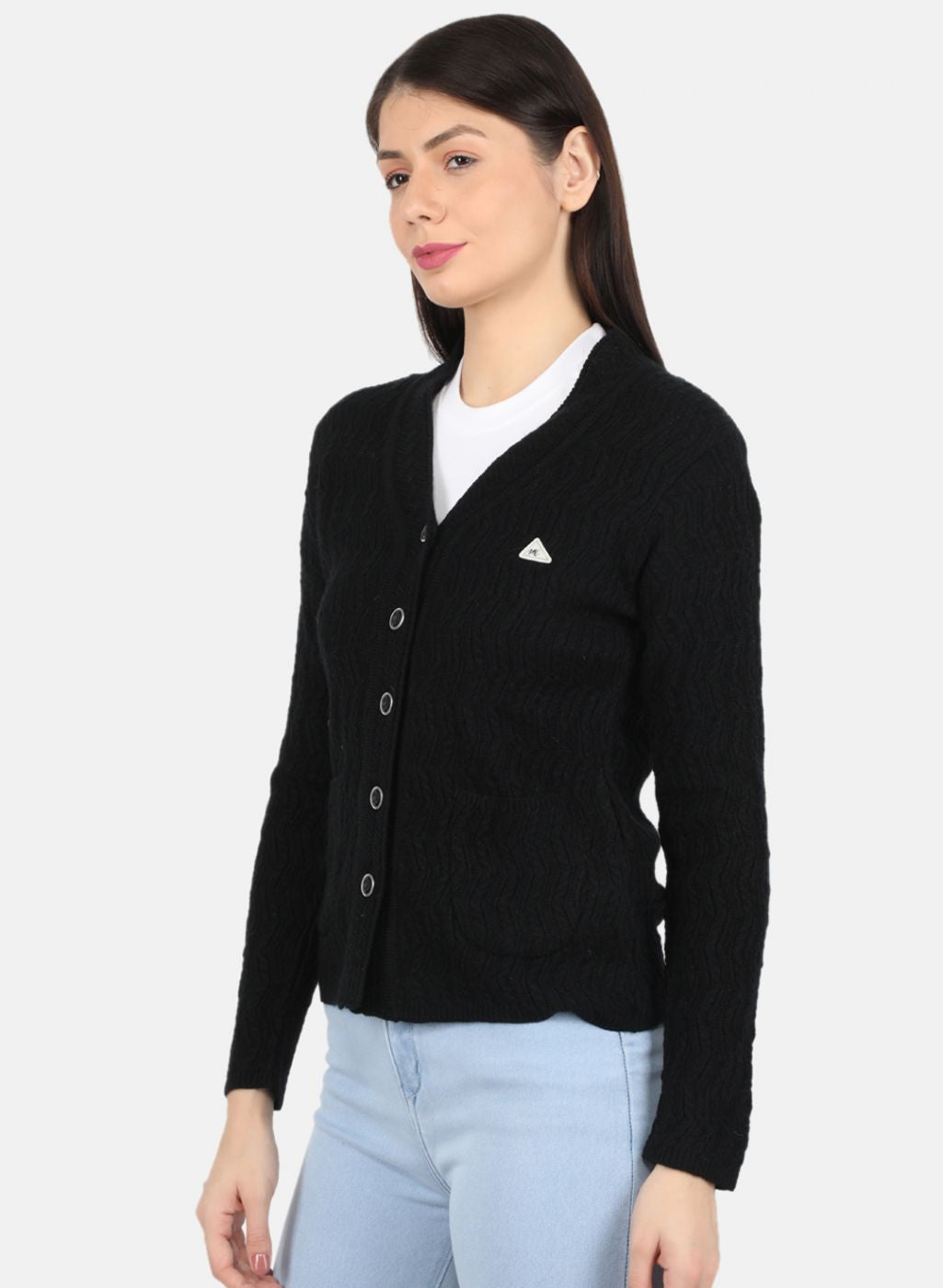 Women Black Self Design Cardigan