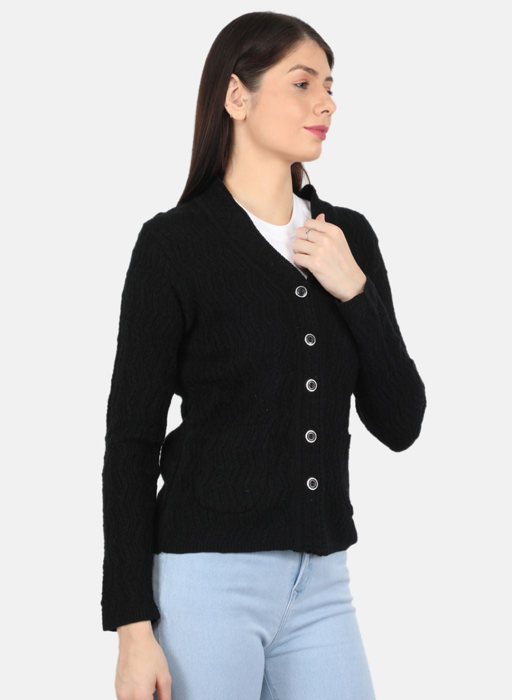 Women Black Self Design Cardigan