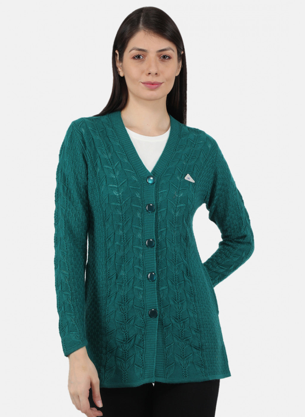 Women Green Self Design Cardigan