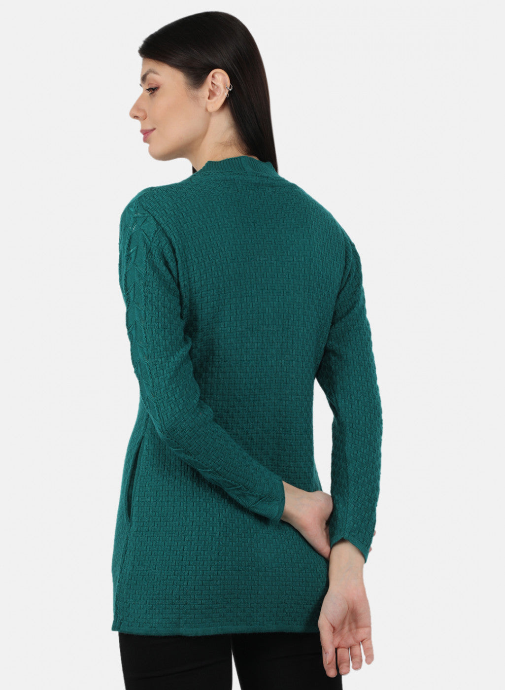 Women Green Self Design Cardigan