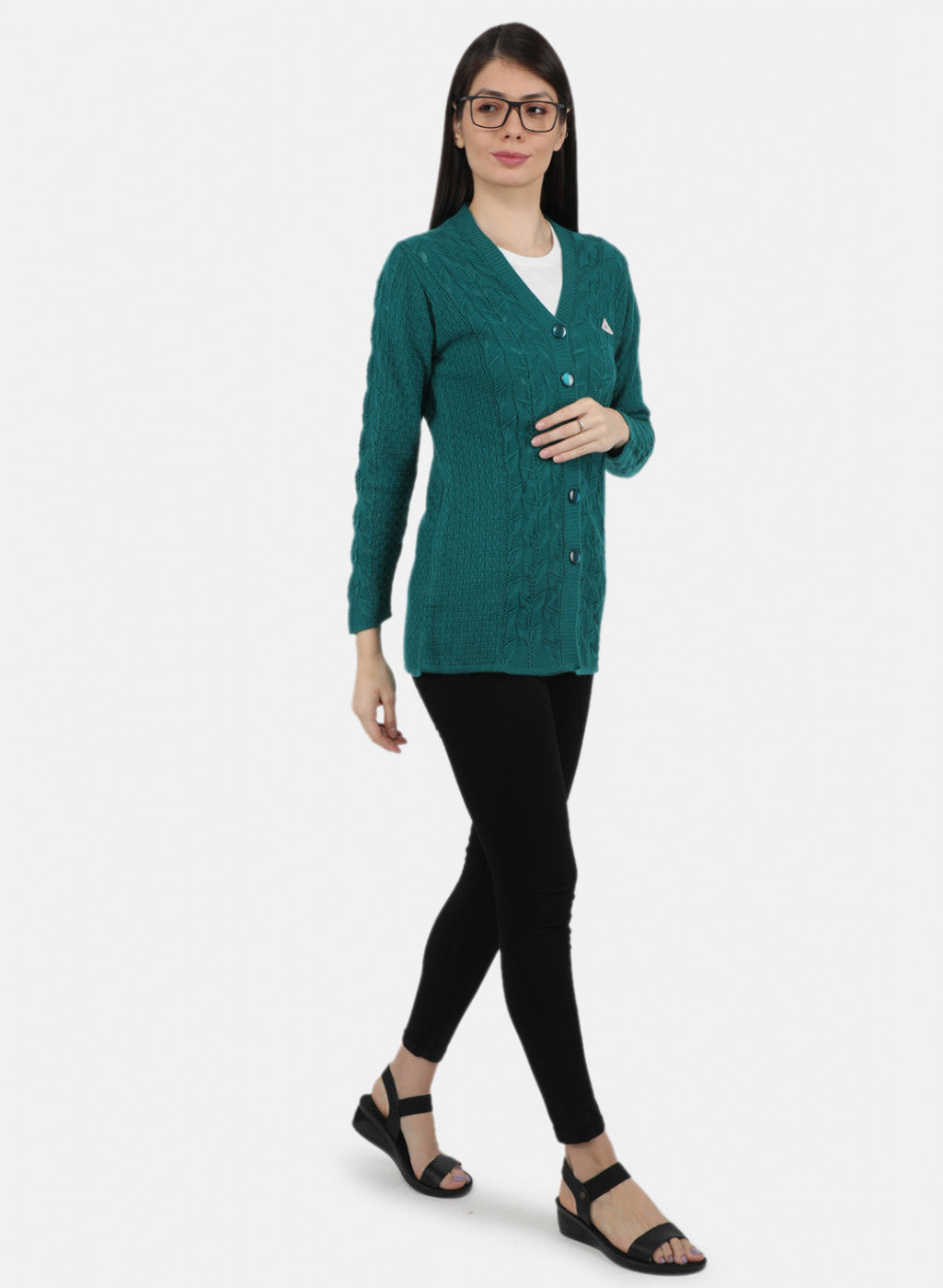 Women Green Self Design Cardigan