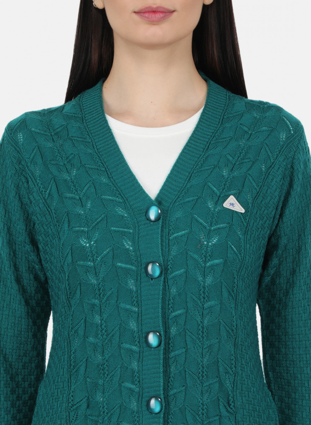 Women Green Self Design Cardigan