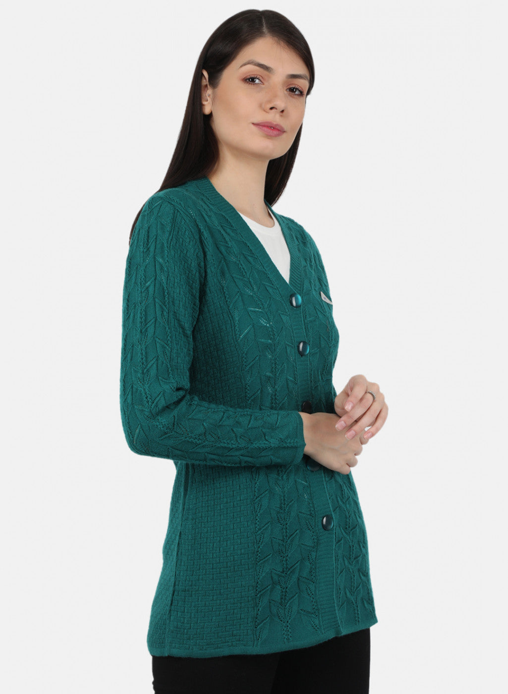 Women Green Self Design Cardigan