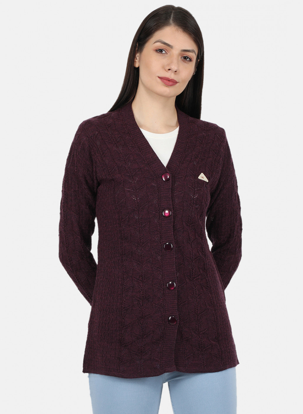 Women Brown Self Design Cardigan