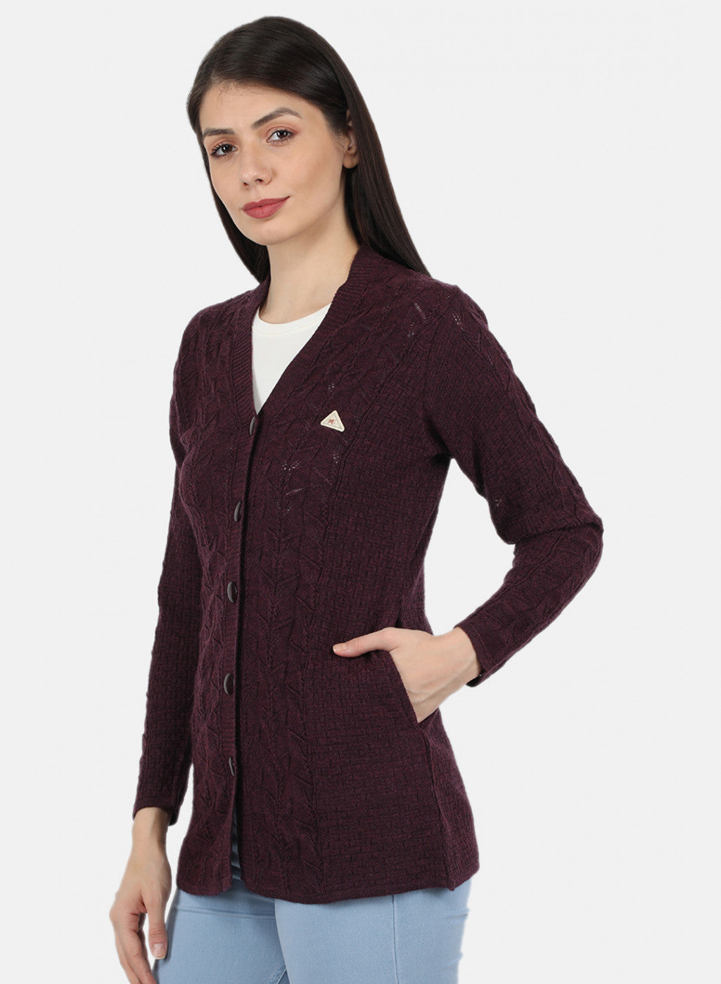 Women Brown Self Design Cardigan