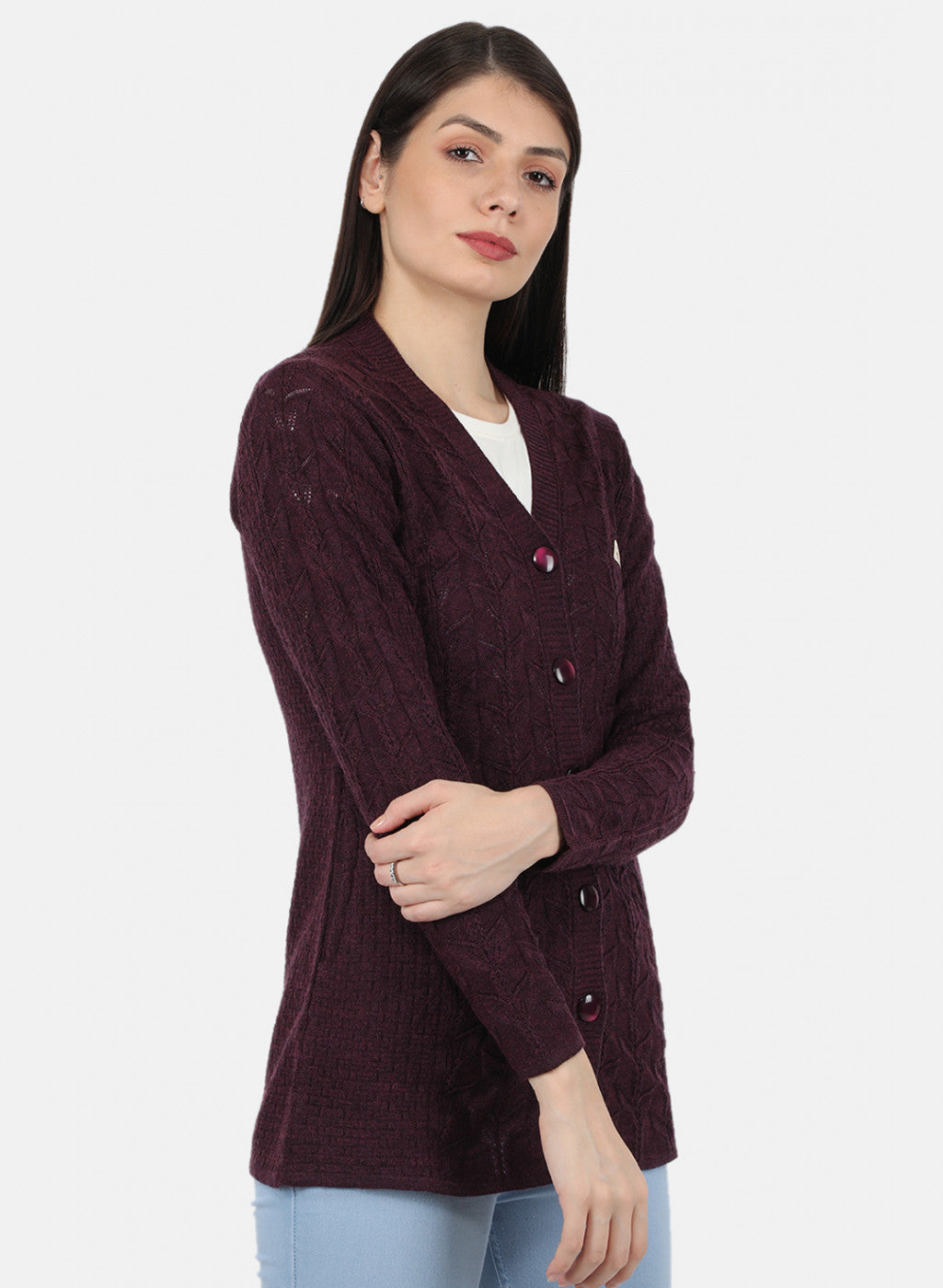 Women Brown Self Design Cardigan