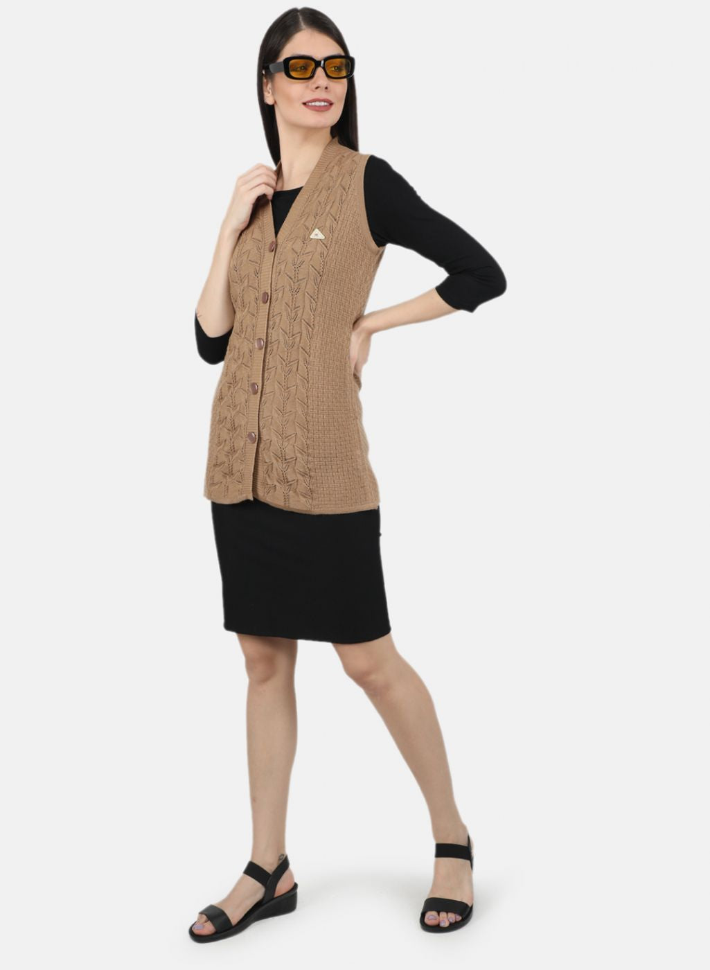 Women Beige Self Design Cardigan