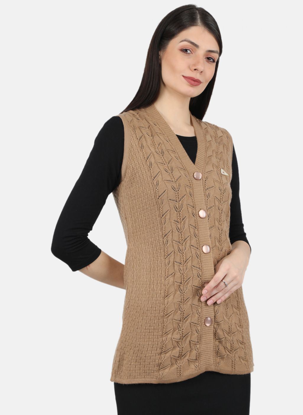 Women Beige Self Design Cardigan