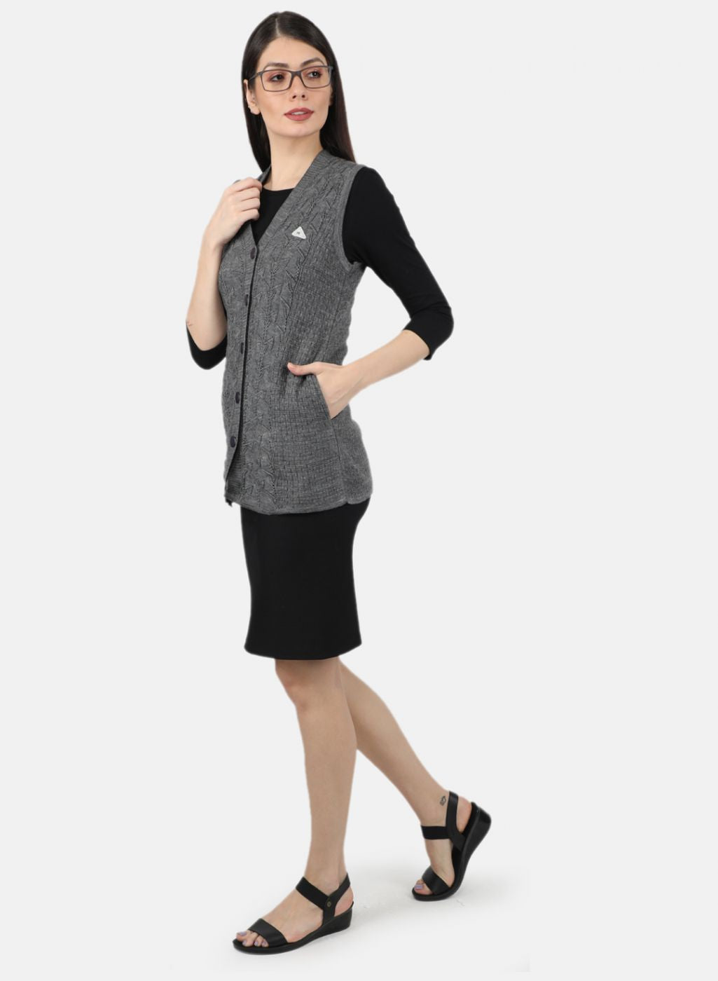 Women Grey Self Design Cardigan