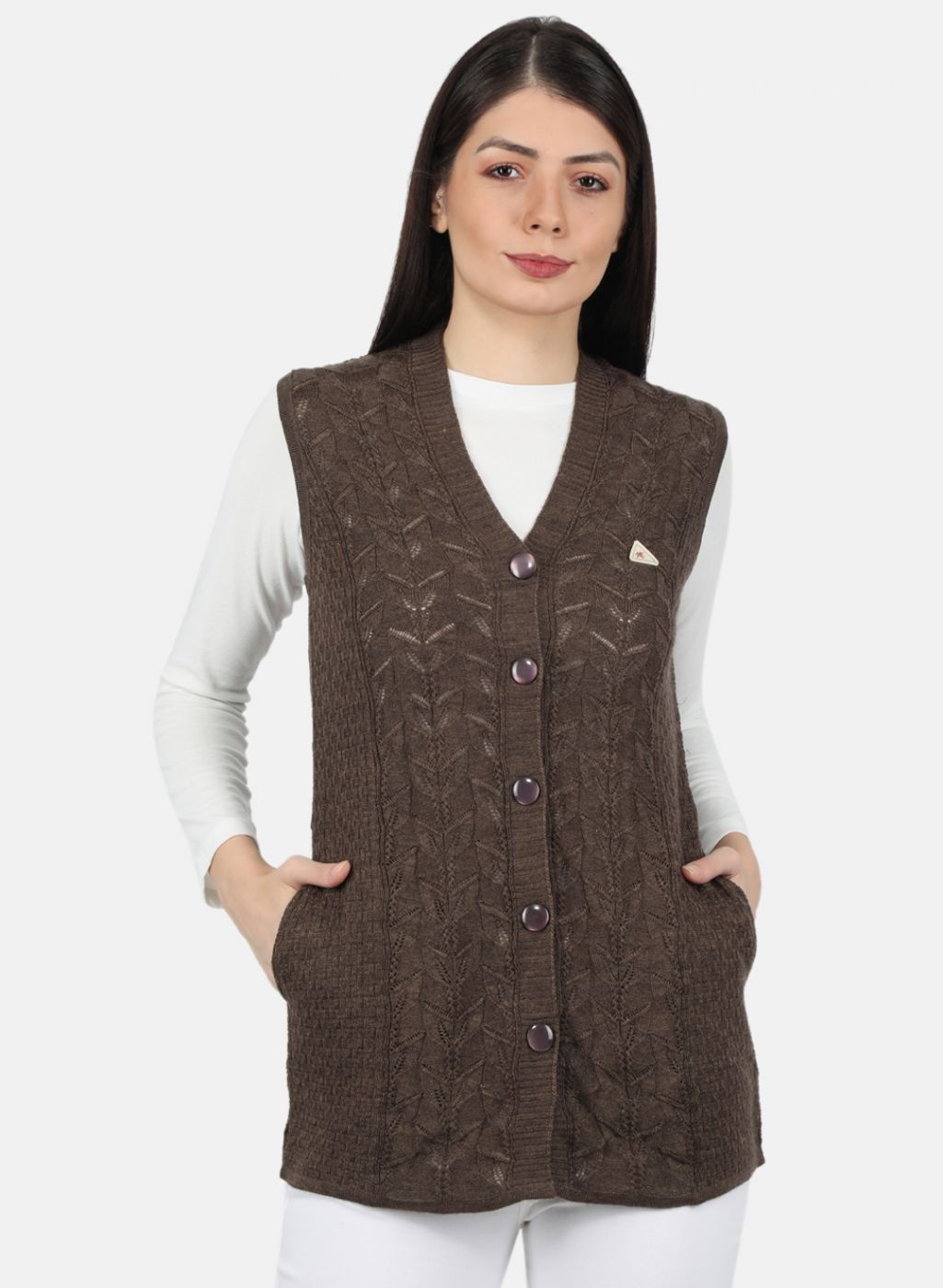 Women Brown Self Design Cardigan