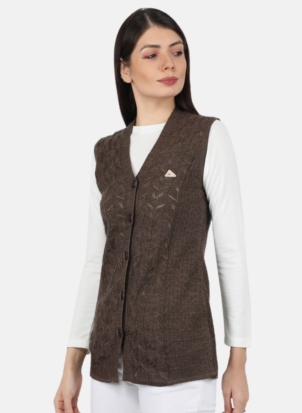 Women Brown Self Design Cardigan