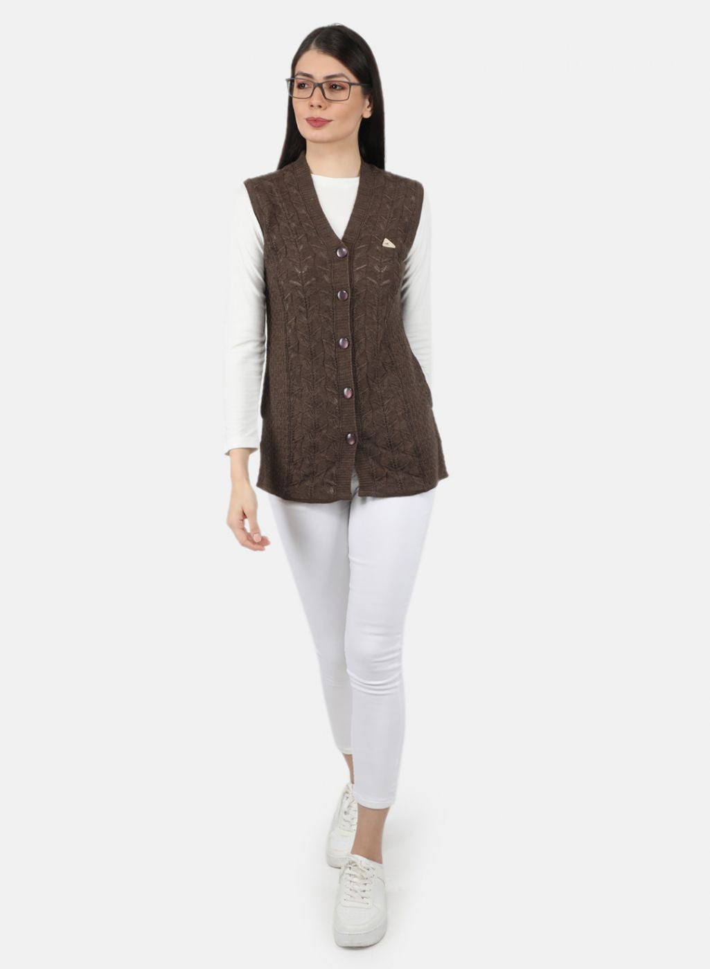 Women Brown Self Design Cardigan