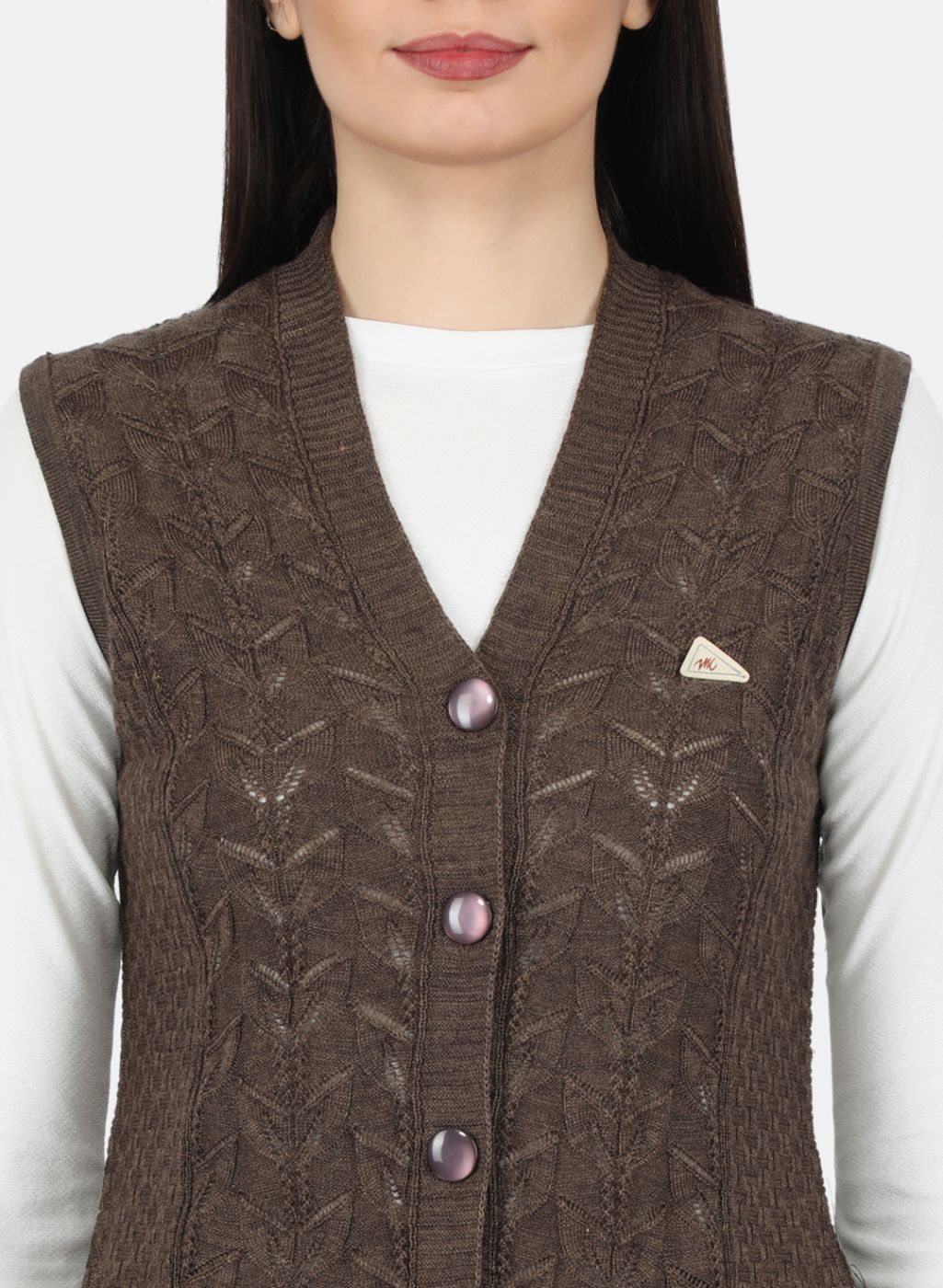 Women Brown Self Design Cardigan