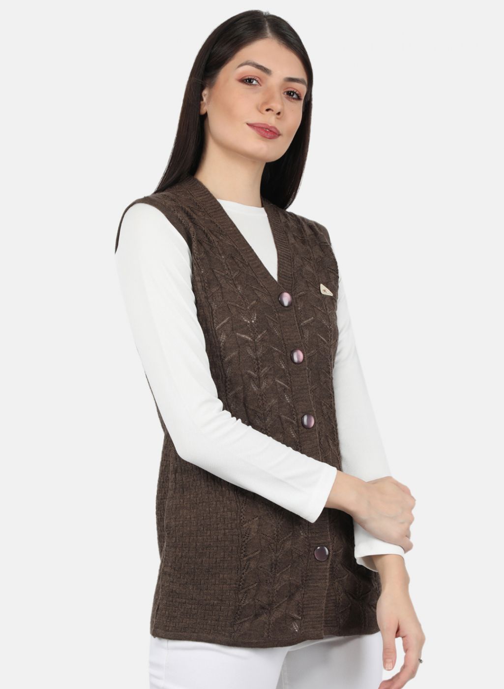 Women Brown Self Design Cardigan