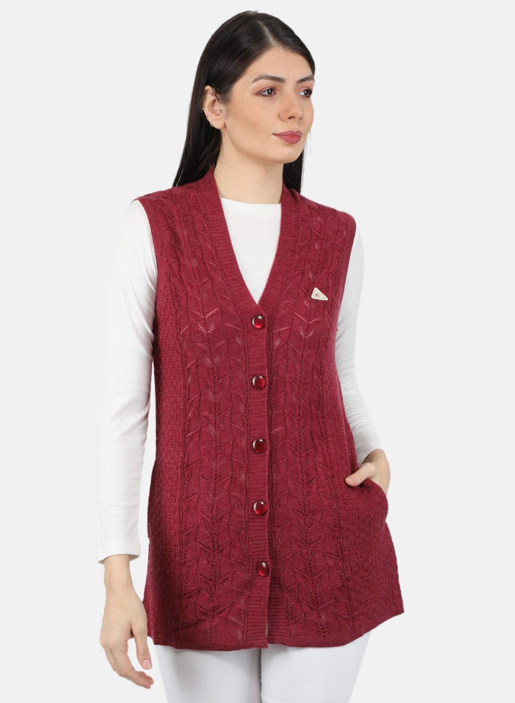 Women Red Self Design Cardigan