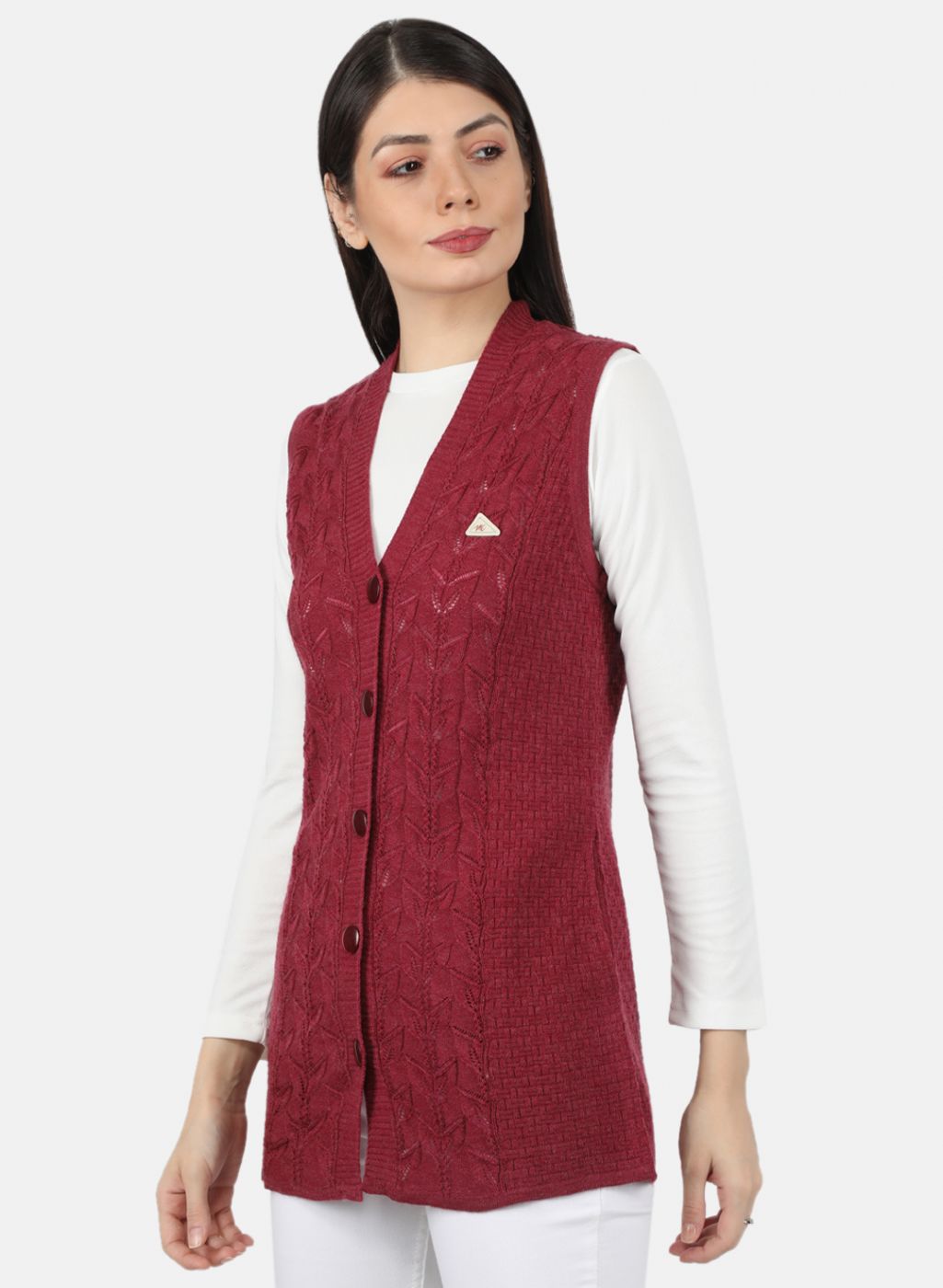 Women Red Self Design Cardigan