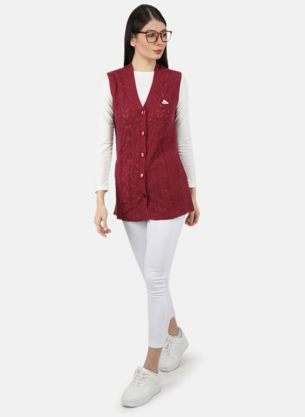 Women Red Self Design Cardigan