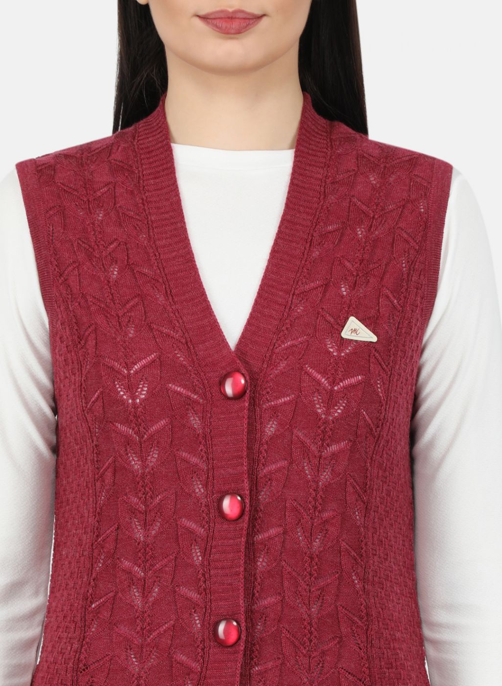 Women Red Self Design Cardigan