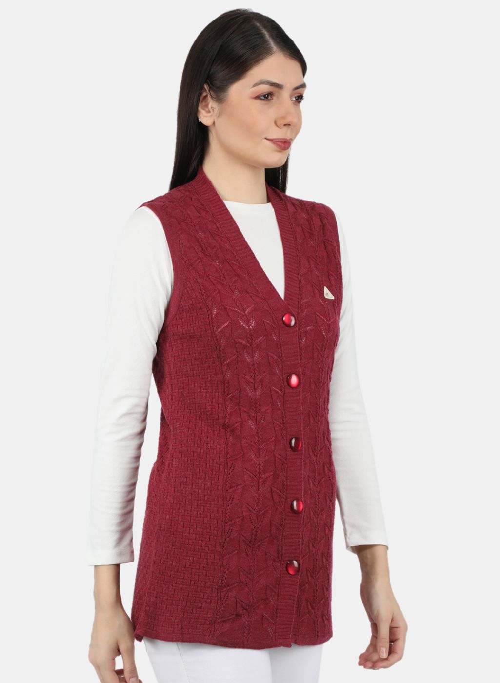 Women Red Self Design Cardigan