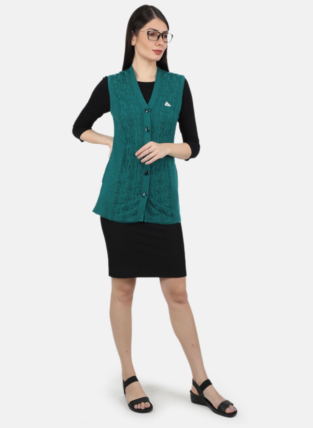 Women Green Self Design Cardigan