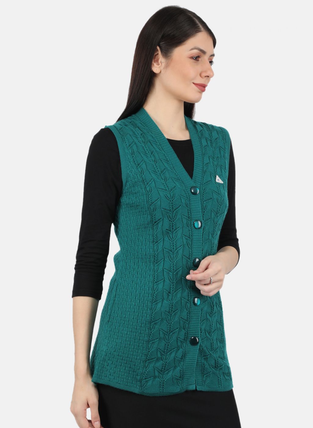 Women Green Self Design Cardigan