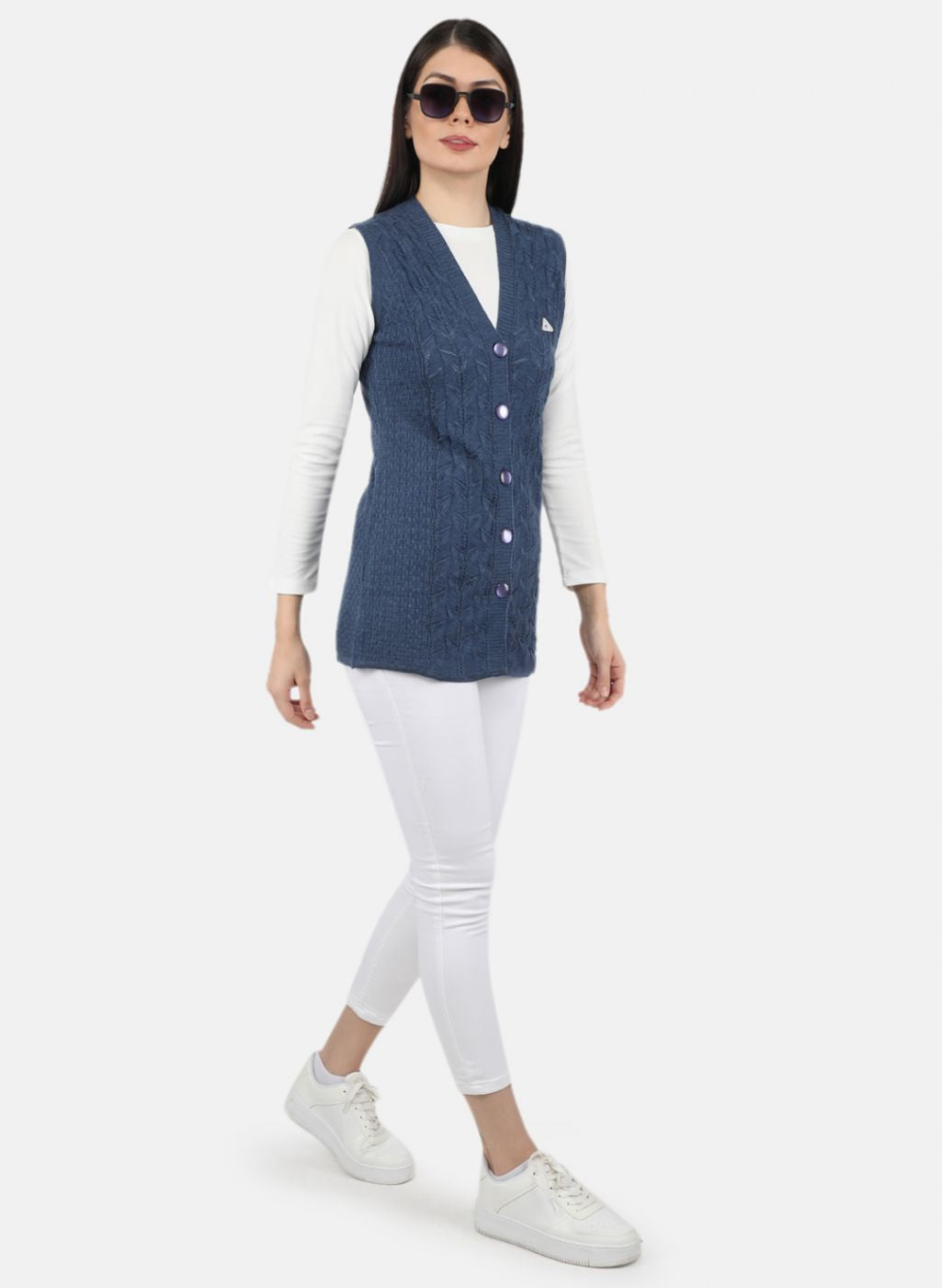 Women Blue Self Design Cardigan