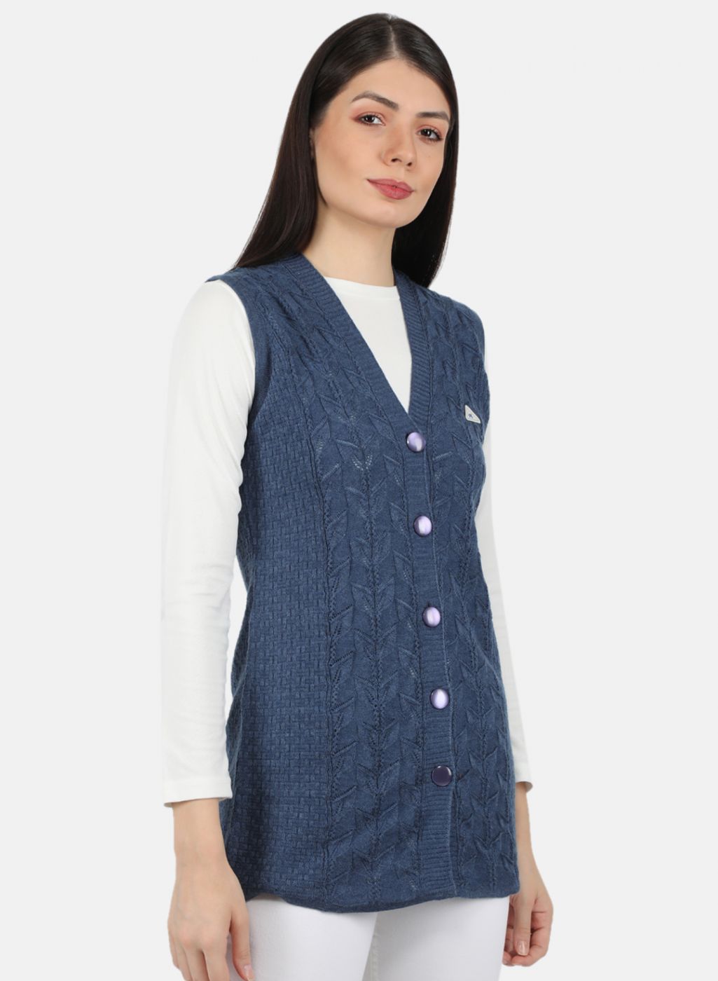 Women Blue Self Design Cardigan